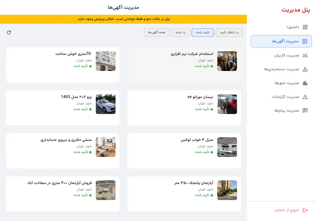 داشبورد مدیریت پلتفرم چارا با آمار کلی از آگهیها، کاربران و گزارشات.